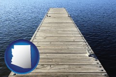 arizona map icon and a boat dock on a blue water lake