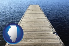 illinois map icon and a boat dock on a blue water lake