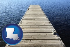 louisiana map icon and a boat dock on a blue water lake