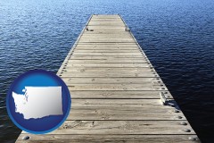 washington map icon and a boat dock on a blue water lake