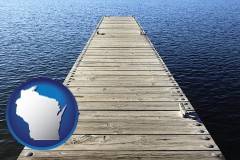 wisconsin map icon and a boat dock on a blue water lake