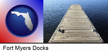 a boat dock on a blue water lake in Fort Myers, FL