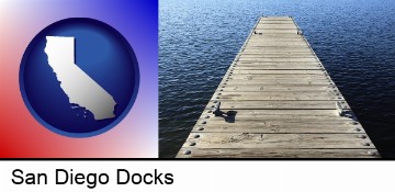 a boat dock on a blue water lake in San Diego, CA