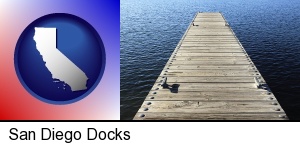 San Diego, California - a boat dock on a blue water lake