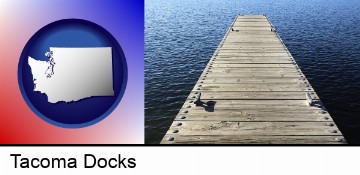 a boat dock on a blue water lake in Tacoma, WA