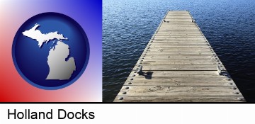 a boat dock on a blue water lake in Holland, MI