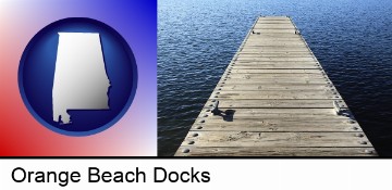 a boat dock on a blue water lake in Orange Beach, AL