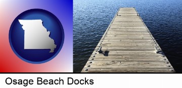 a boat dock on a blue water lake in Osage Beach, MO